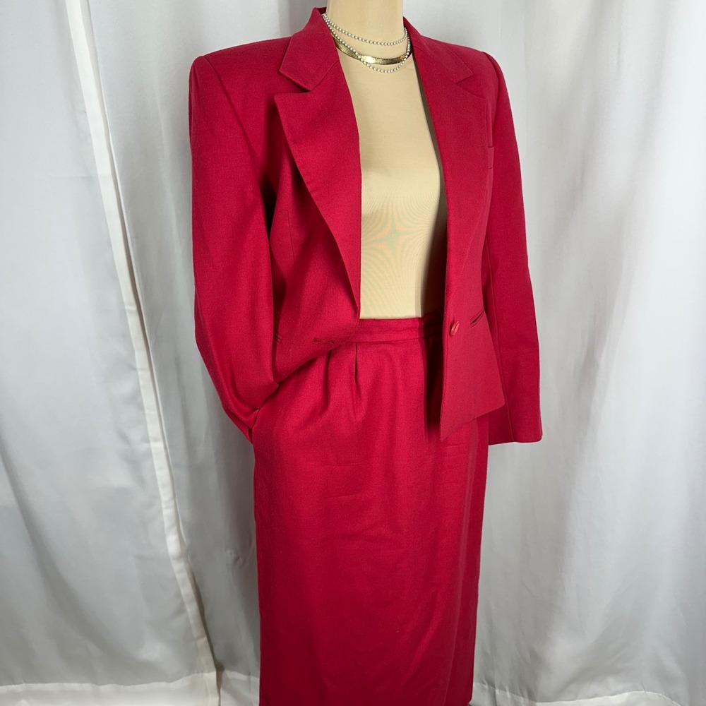 Vintage Deep Pink Wool Skirt Suit Womens 8 Blazer Pencil Skirt 2‎ Piece USA